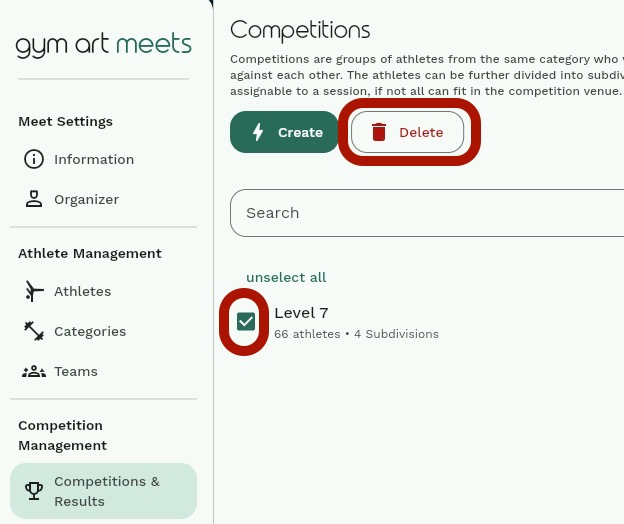 The selected competitions and the the Delete button highlighted from Competitions page of a meet